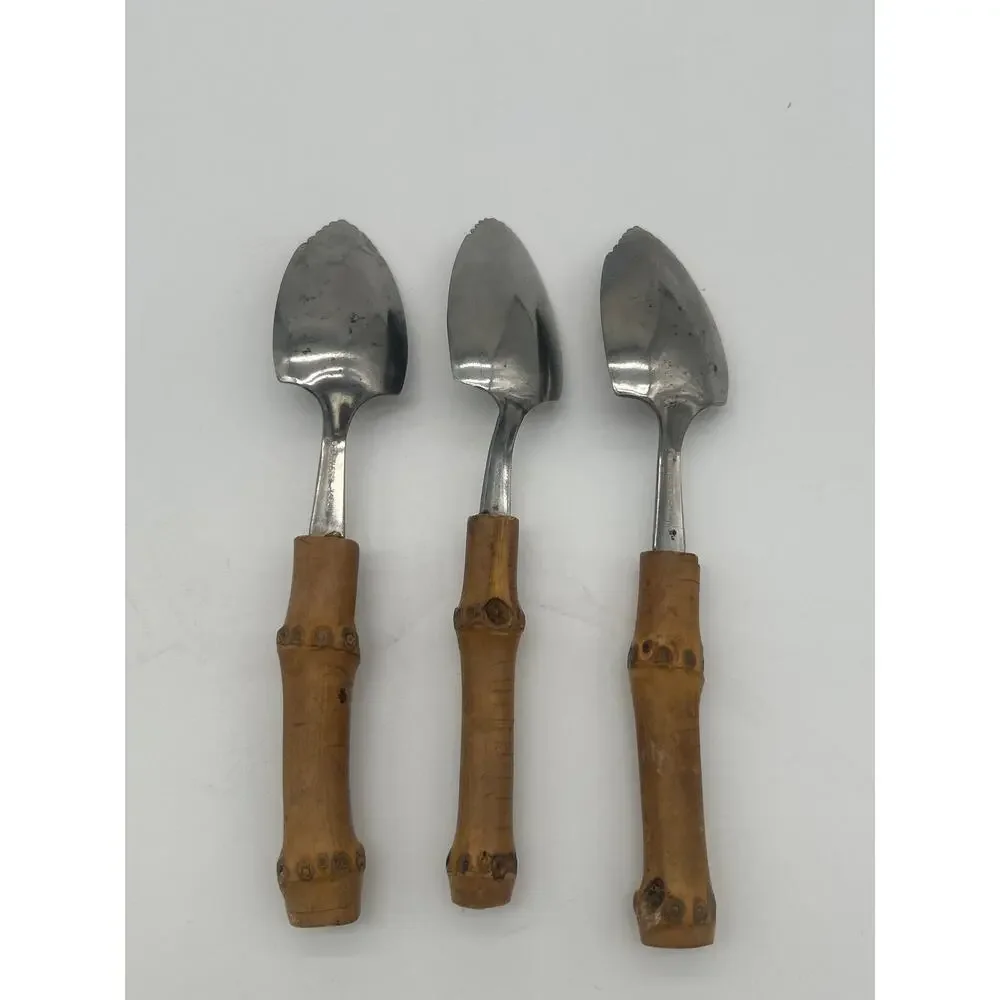 Vintage Japan Stainless Grapefruit Spoons Serrated Bamboo MCM Tiki Set of 3
